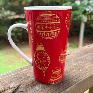 Starbucks Red Holiday Tall Mug Latte Cup Gold Ornaments Logo 16 Oz